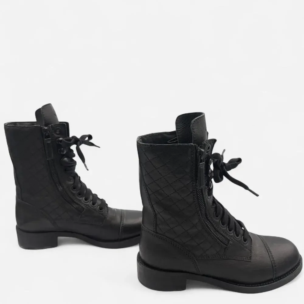 Chanel Quilted Leather CC Combat Boots in Black Lambskin